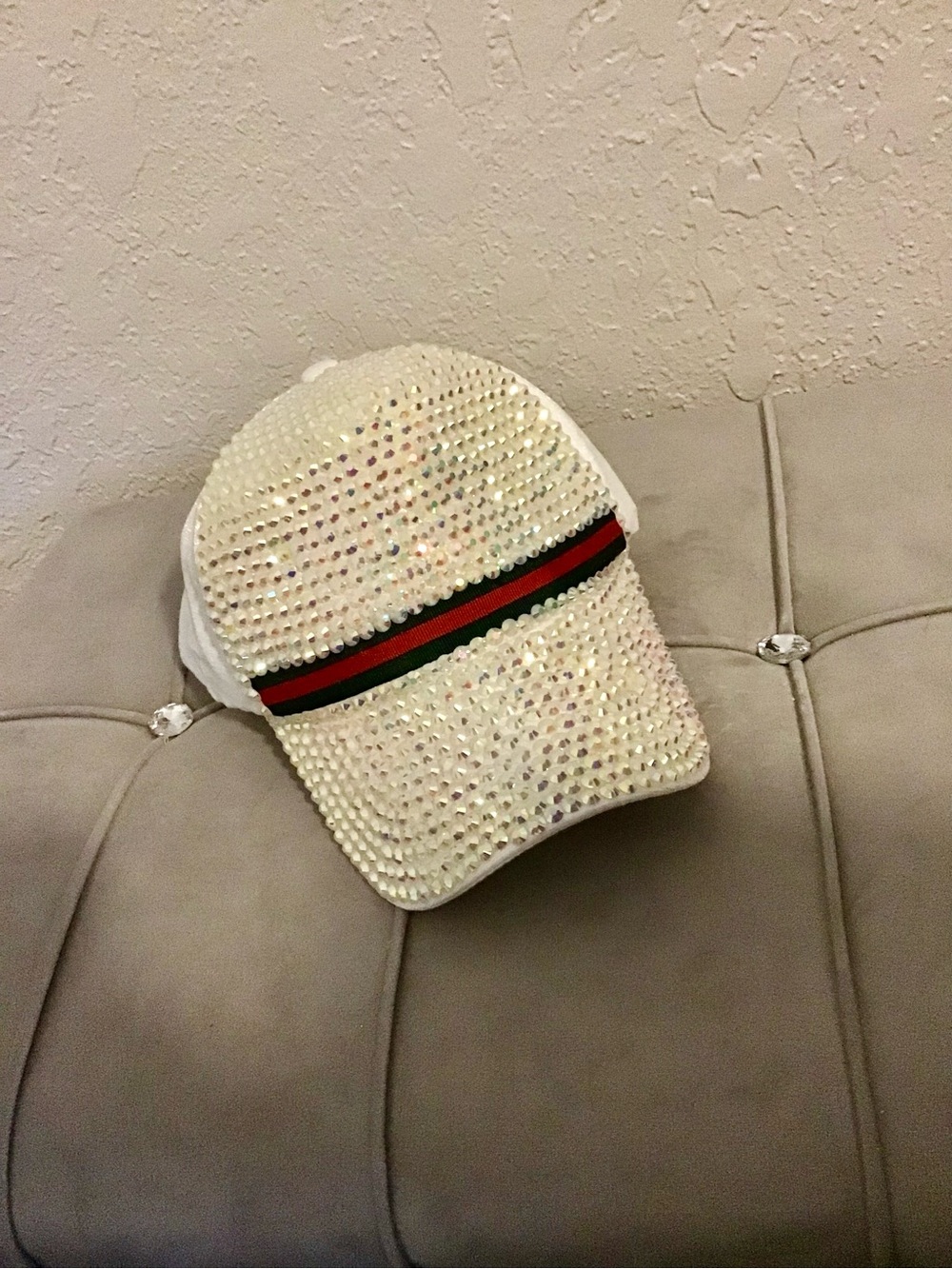 Crystal-Studded White Baseball Cap with Red & Green Accent